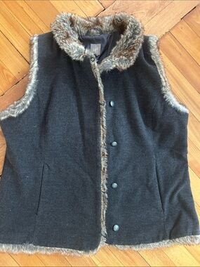 J. Jill Charcoal Gray Faux-Fur Trim Wool-look Vest